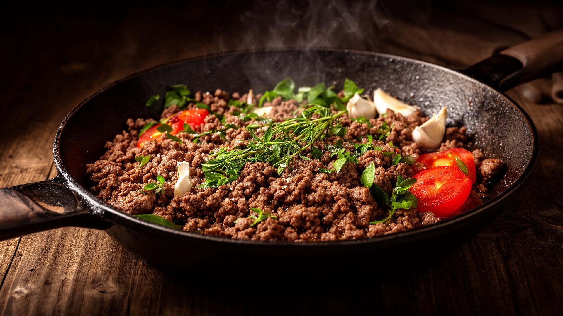 Carne moída temperada na frigideira
